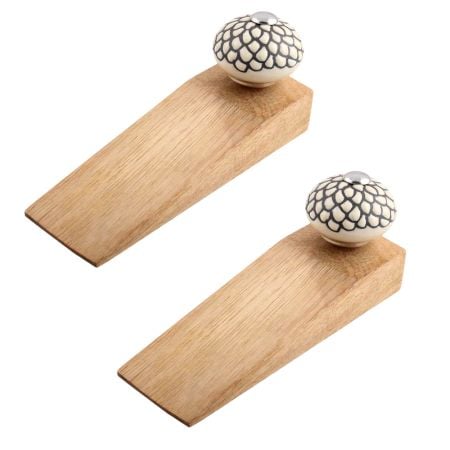 2 Pieces Cream And Black Etched Ceramic Wooden Door Stopper